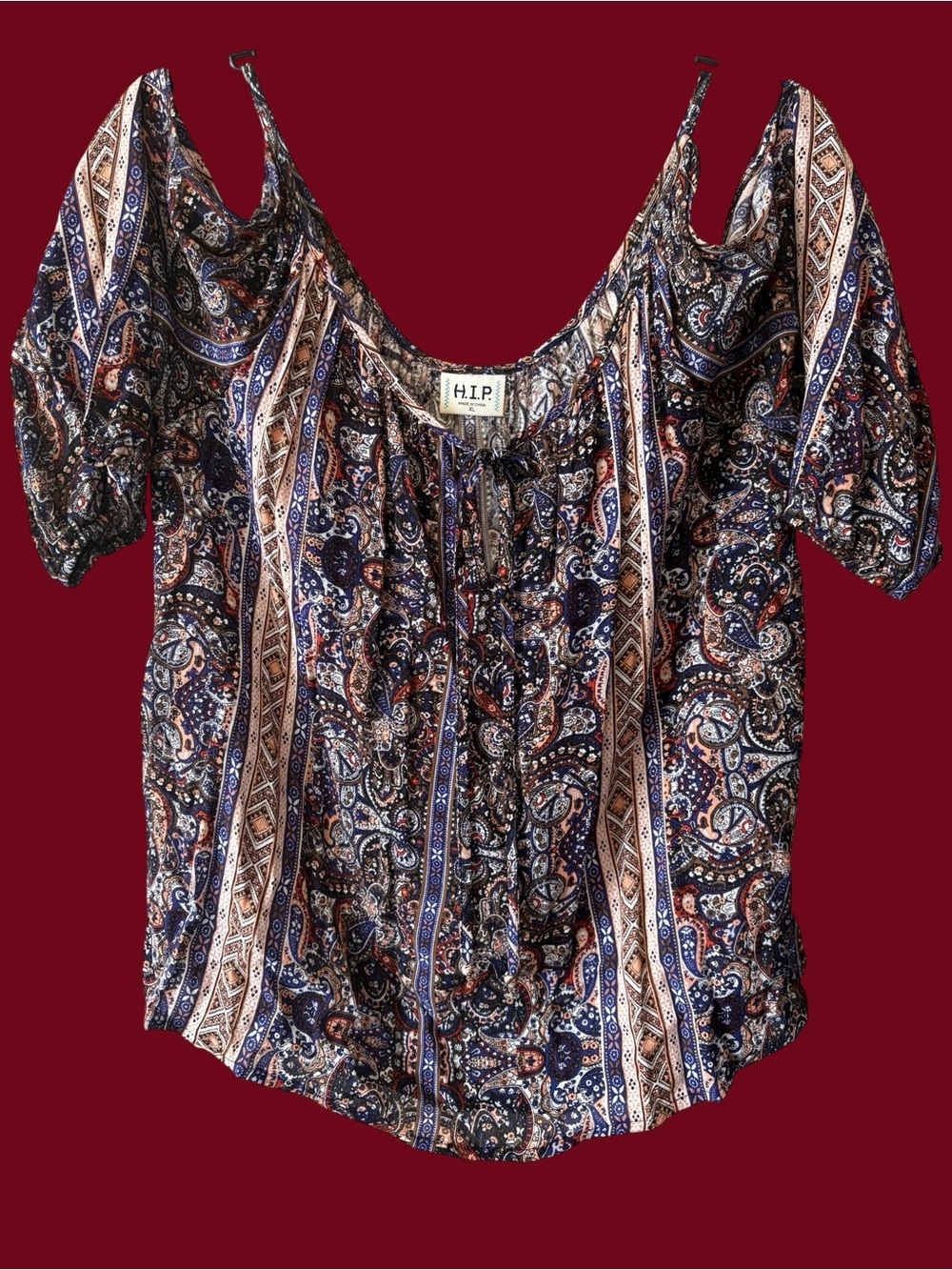 H.I.P. Women's Navy Paisley Cold-Shoulder Blouse